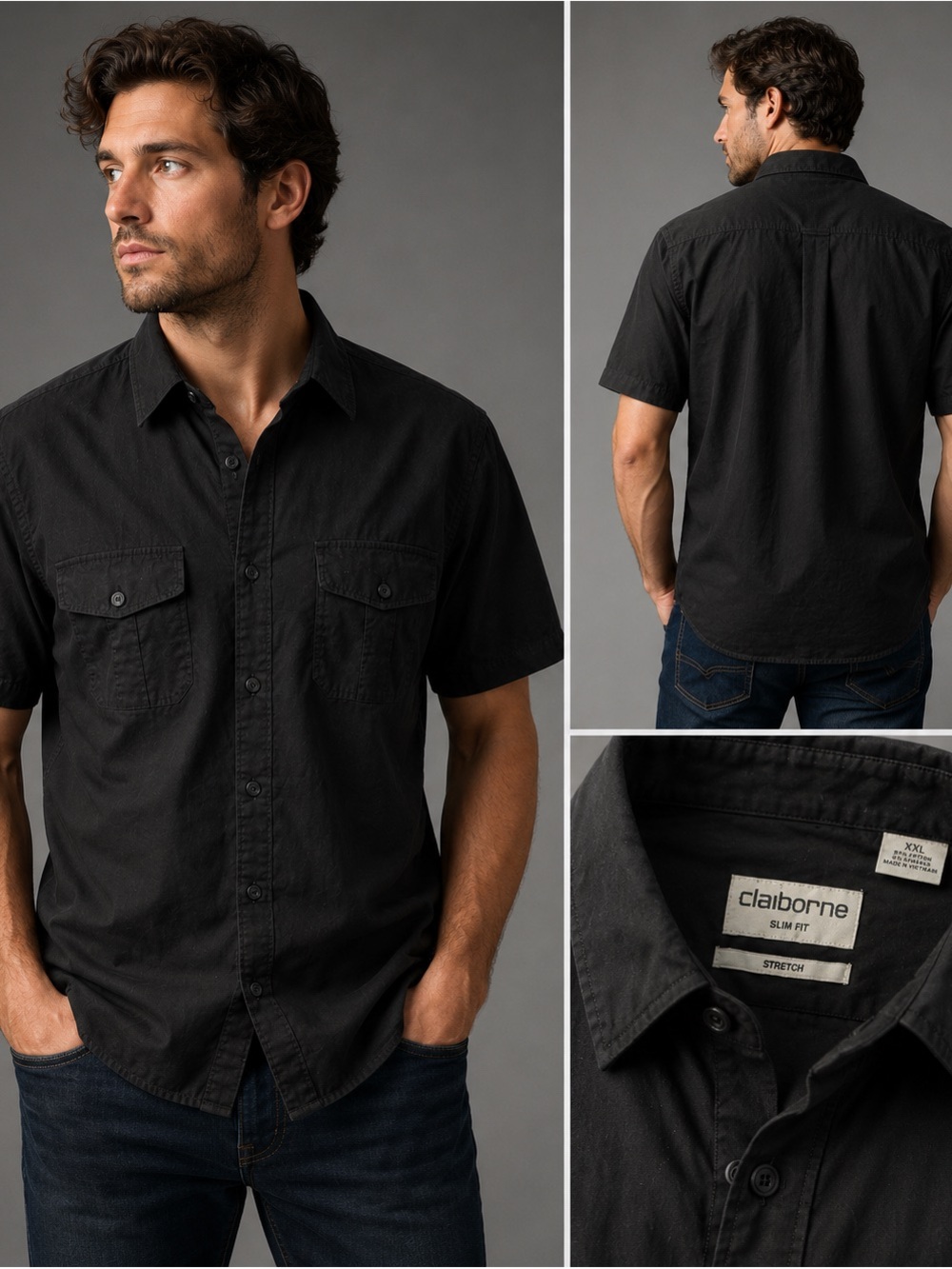 Claiborne Black Short-Sleeve Casual Button-Down Shirt
